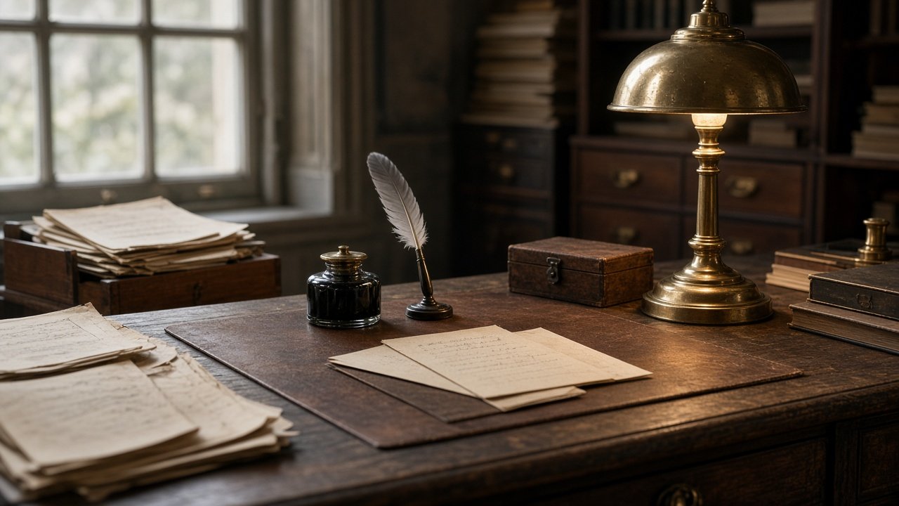 Antique desk with historical documents and a brass lamp in a research archive