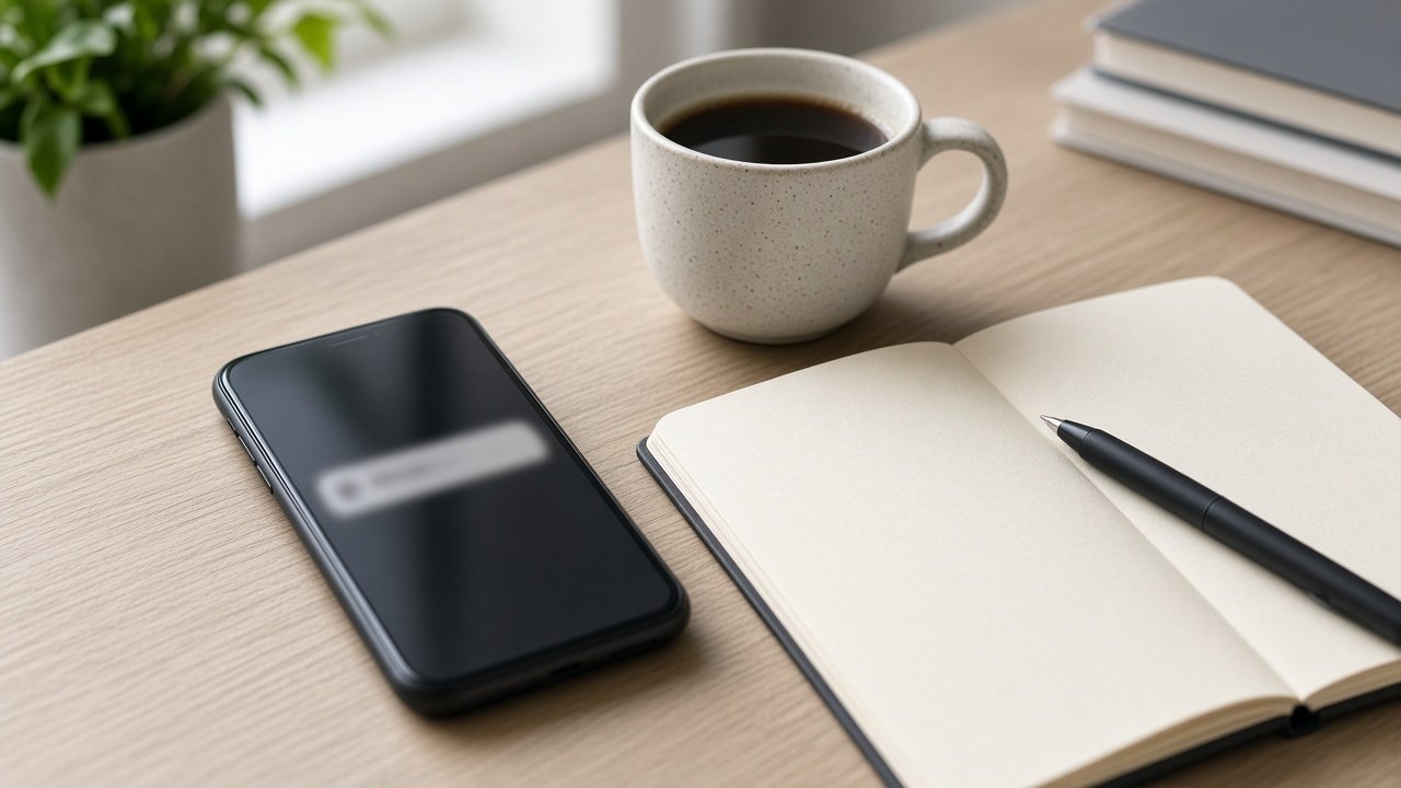 Modern desk scene suggesting online messaging caution