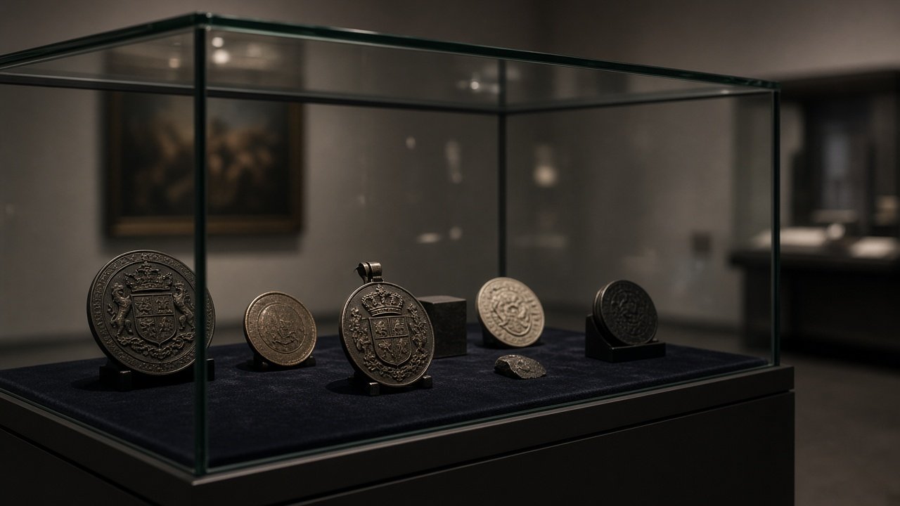 Museum display case with historical emblematic objects under careful lighting