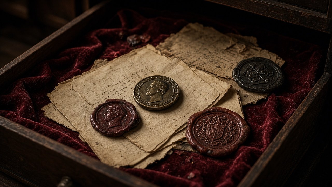 Historical wax seals and embossed medallions on aged documents in an archive drawer