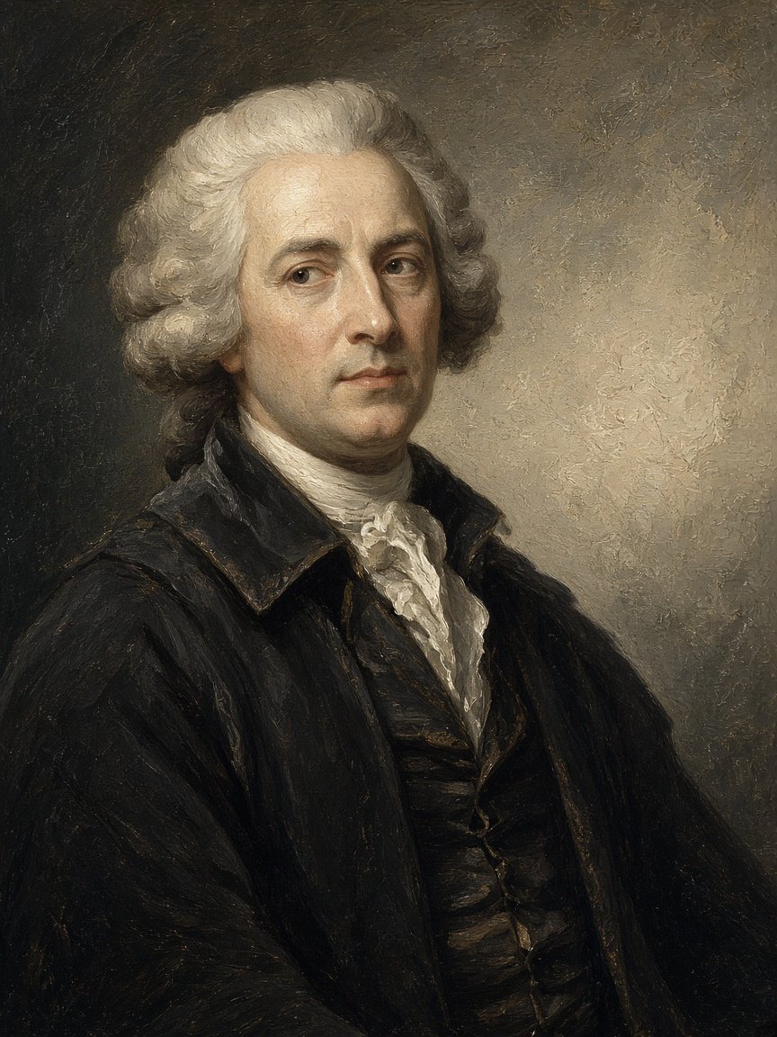 Artistic historical representation of an eighteenth-century scholar, presented as a painting rather than a photograph
